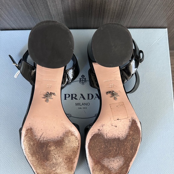PRADA Round Heel Ankle Strap Slingback Sandal Shoe 37 (6.5 US) black patent - Picture 4 of 4